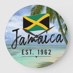 "Jamaica Est. 1962" Beach With Jamaica Flag Art Large Clock