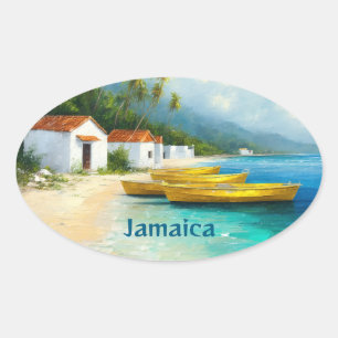 Jamaica fishing huts on sea shore oval sticker