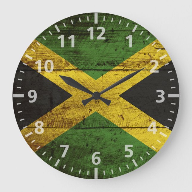Jamaica Flag on Old Wood Grain Large Clock (Front)