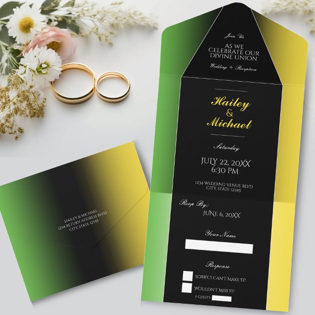 Jamaica Green Black & Gold Elegant Modern Jamaican All In One Invitation (Jamaica Green Black & Gold Elegant Modern Jamaican All In One Invitation)