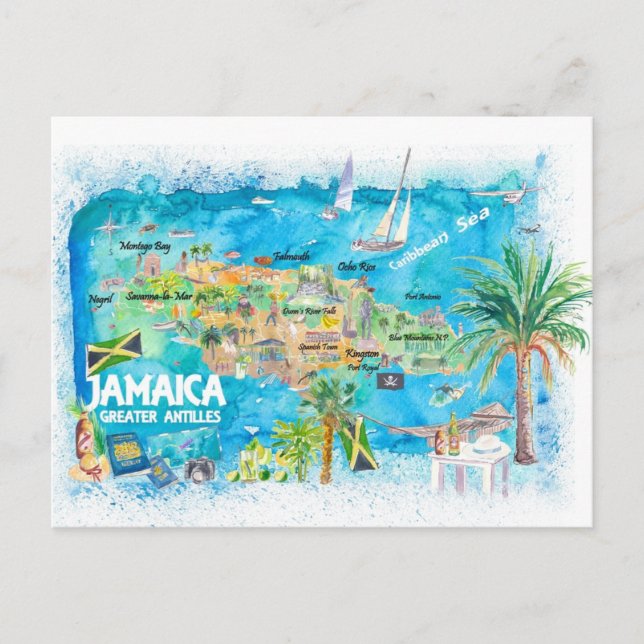 Jamaica Illustrated Travel Map with Roads  Holiday Postcard (Front)
