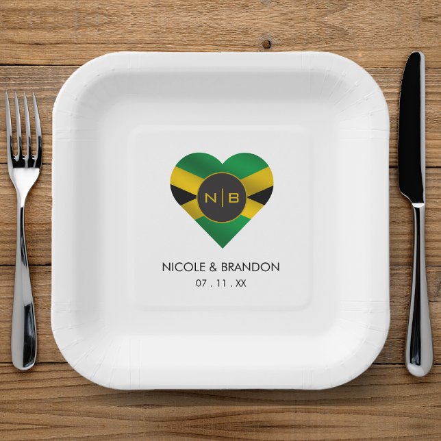 Jamaica Jamaican Flag Heart Monogram Wedding Paper Plate (Jamaica Jamaican Flag Heart Monogram Wedding Paper Plates)