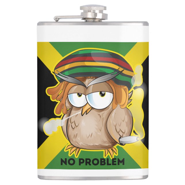 Jamaica No Problem with Funny Smoking Rasta Owl  Hip Flask (Front)