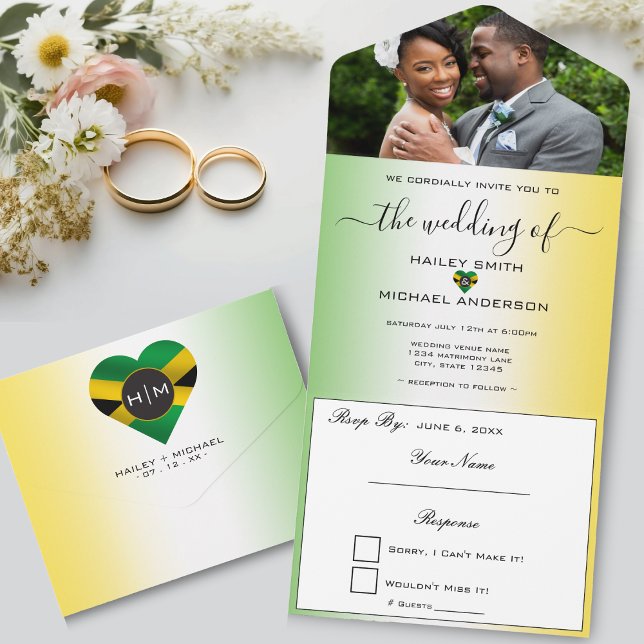 Jamaica Ombre Jamaican Flag Heart Photo Wedding All In One Invitation (Jamaica Ombre Jamaican Flag Heart Photo Wedding All In One Invitation)
