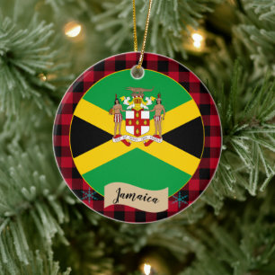 Jamaica, Red buffalo plaid & Jamaican Flag Ceramic Tree Decoration