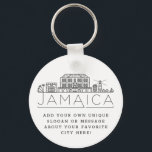 Jamaica Stylised Skyline| Custom Slogan Key Ring<br><div class="desc">A unique key chain representing the beautiful city of Jamaica .  
This keychain features a stylised illustration of the city's unique skyline with its name underneath.
Underneath the city name is a spot for your unique slogan or statement about your favourite city.</div>