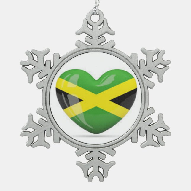 Jamaican Christmas Ornament: Jamaican Flag Heart Snowflake Pewter Christmas Ornament (Front)
