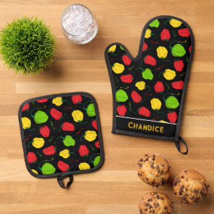 Jamaican Cuisine Scotch Bonnet Chilli Print Oven Mitt & Pot Holder Set