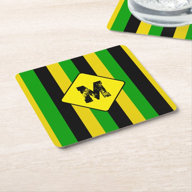 Jamaican Flag Coloured Striped Monogram Bar Square Paper Coaster (Angled)