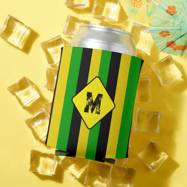 Jamaican Flag Coloured Striped Monogram Beer Can Cooler (In Situ Summer)