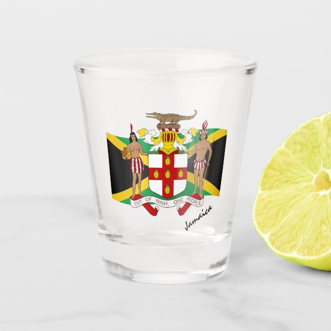 Jamaican Flag & Jamaica coat of arms / party Shot Glass (Front)