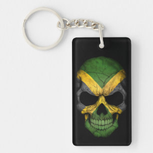 Jamaican Flag Skull on Black Key Ring