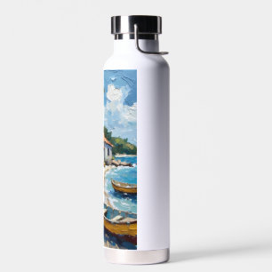 Jamaican homes by the sea shore water bottle