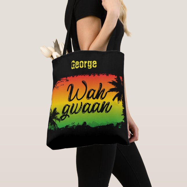 Jamaican Patois Wah Gwaan Rasta Coloured Black Tote Bag (Close Up)