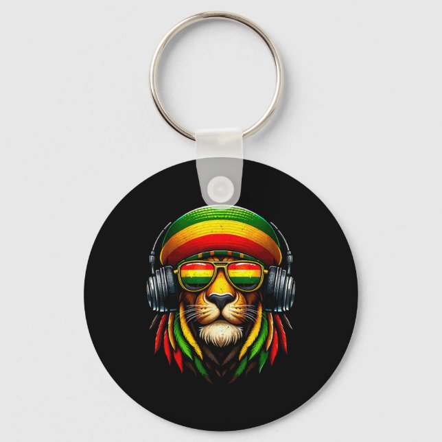 Jamaican Pride Rasta Reggae Lion With Music Headph Key Ring (Front)