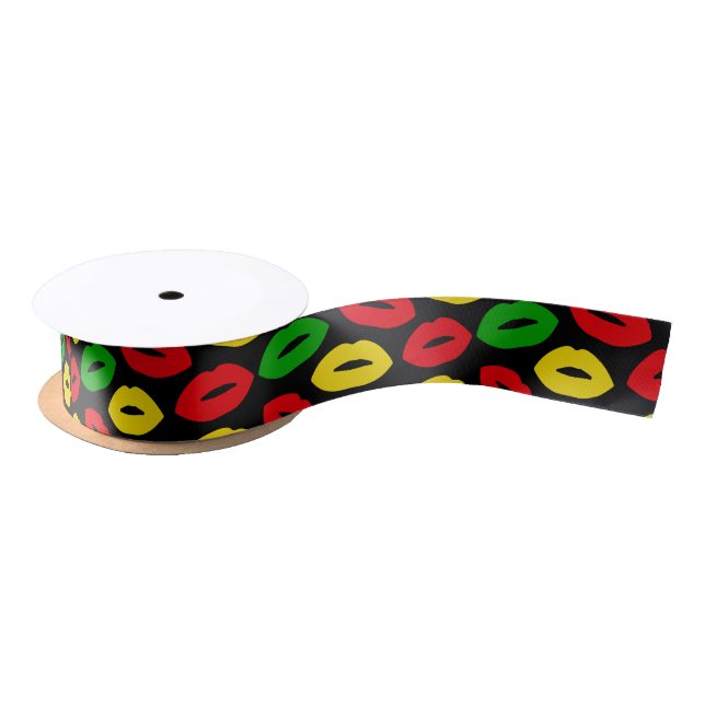 Jamaican Rasta Flag Coloured Lipstick Kisses Satin Ribbon (Spool)