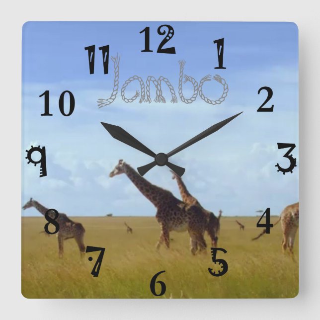 Jambo Kenya African Safari Giraffes Square Wall Clock (Front)