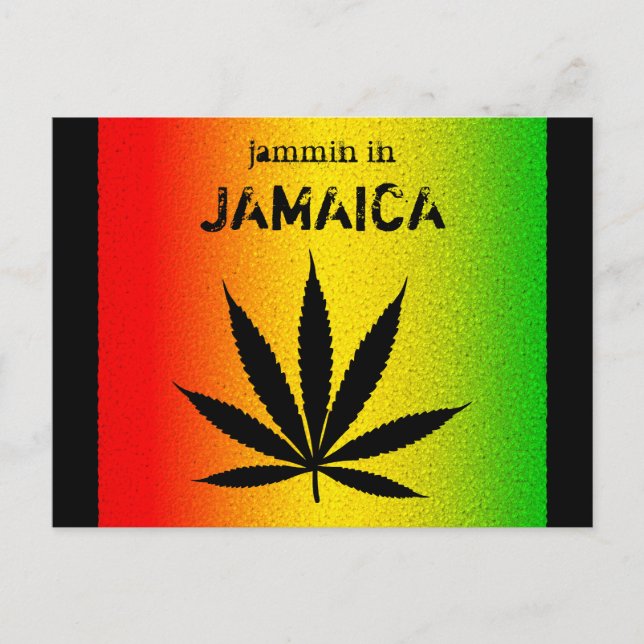 Jammin in Jamaica Black Reggae Rasta Leaf Postcard (Front)