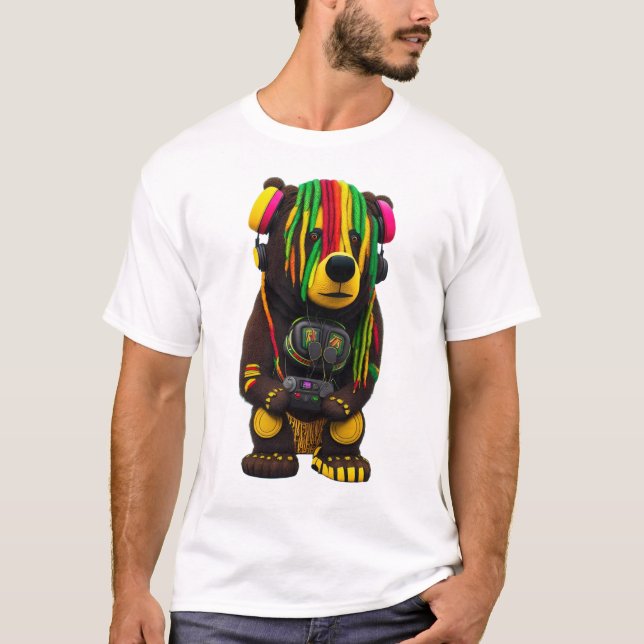 Jamming Jungle A Rasta Bear with Headphones  T-Shirt (Front)