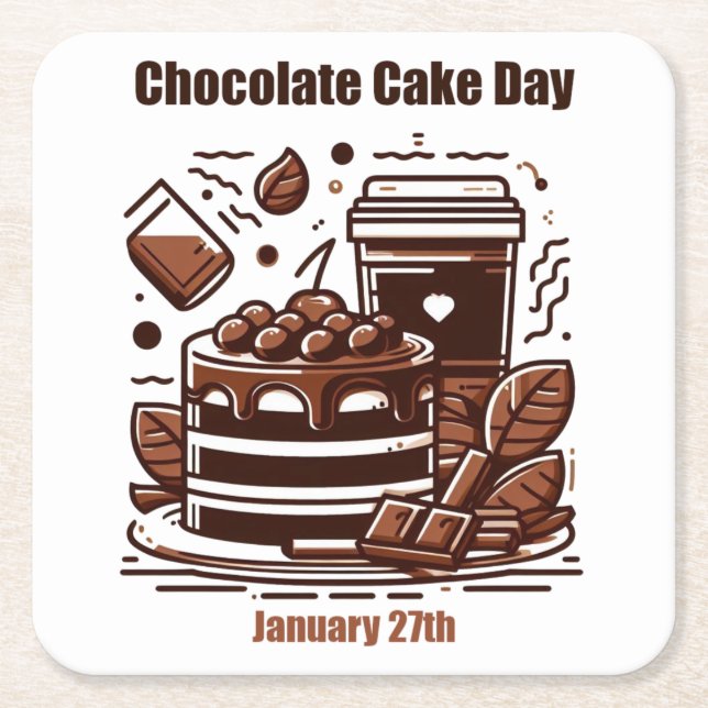 Jan 27th - Chocolate Cake Day Square Paper Coaster (Front)