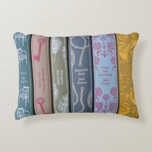 Jane Austen on one side and her books on the other Decorative Cushion