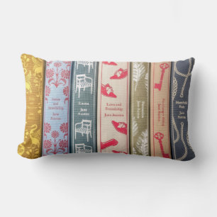 Jane Austen on one side and her books on the other Lumbar Cushion