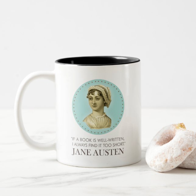 Jane Austen Portrait and Quote on Reading Two-Tone Coffee Mug (With Donut)