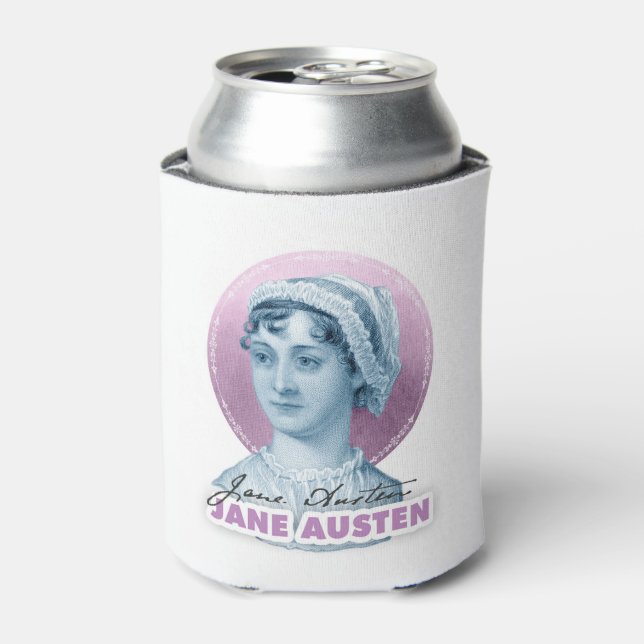 Jane Austen Portrait and Signature Pink Can Cooler (Can Front)