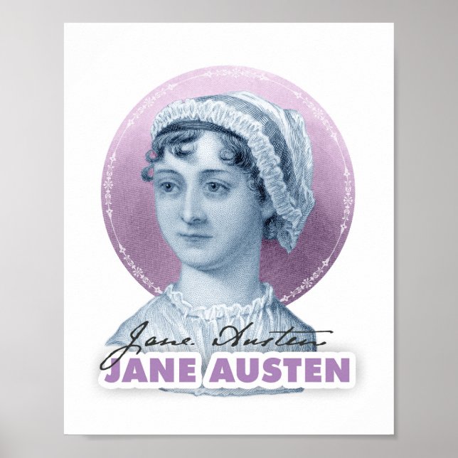 Jane Austen Portrait and Signature Pink Poster (Front)