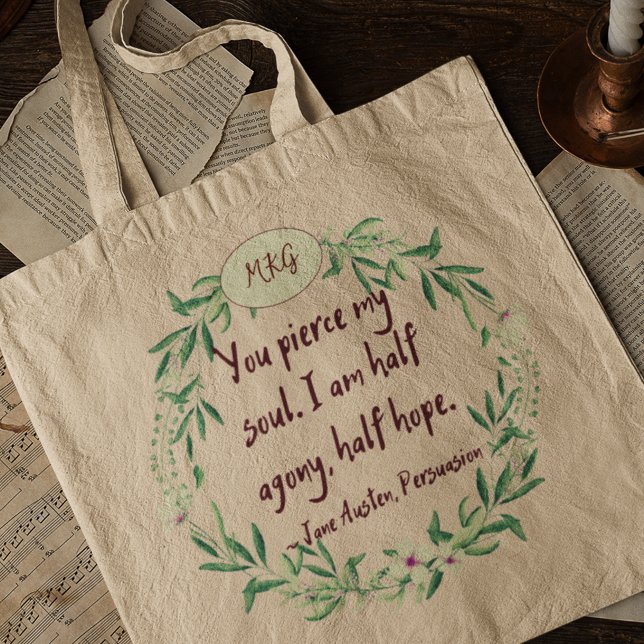 Jane Austen Quote Romantic Monogram Bookworm Tote Bag (Creator Uploaded)