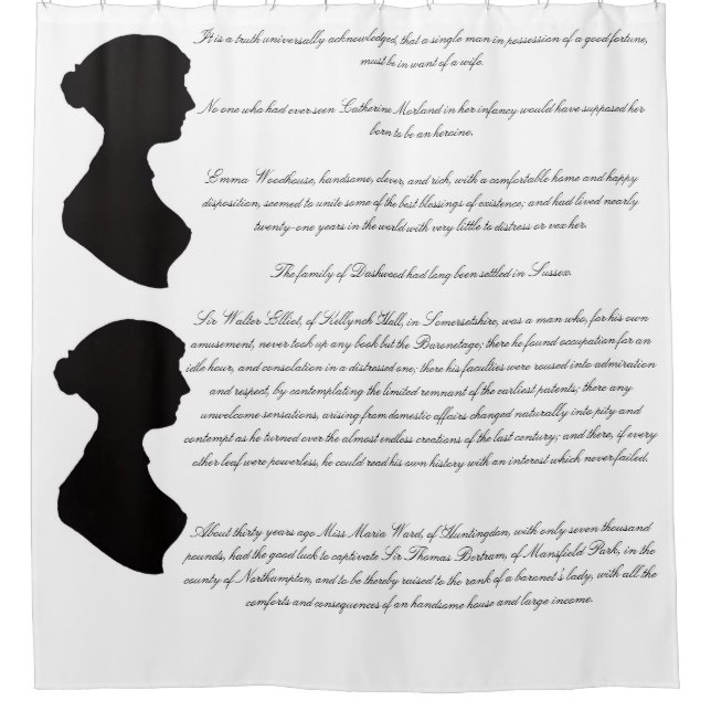 Jane Austen's silhouette & first novel lines Shower Curtain (Front)