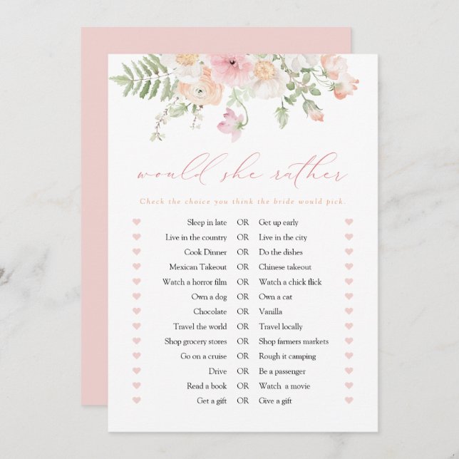JANE Blush Pink Floral Would She Rather Game Card (Front/Back)