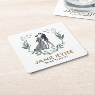 Jane Eyre and Edward Rochester with Wreath Square Paper Coaster