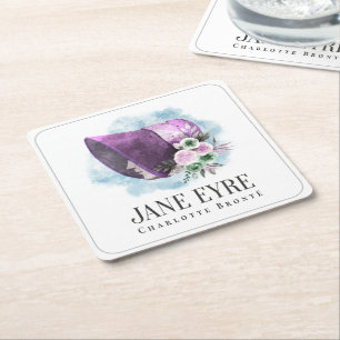 Jane Eyre Bonnet Purple Bonnet and Flowers Square Paper Coaster