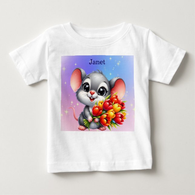 Janet's Cute Mouse with Tulips Baby T-Shirt (Front)