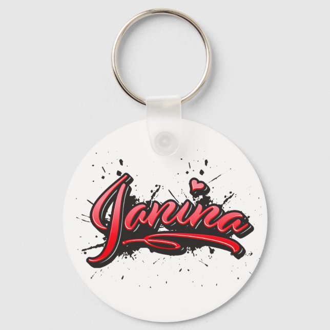 Janina red Heart Graffiti Key Ring (Front)