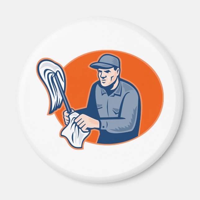 Janitor Cleaner With Mop Cleaning Retro Magnet (Front)