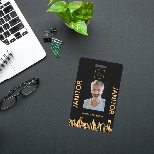 Janitor photo black gold logo city skyline ID badge (Creator Uploaded)