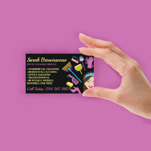 Janitorial Lady Cartoon Girl Black House Cleaning Business Card