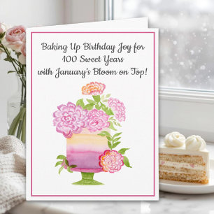 January 100th Birthday Cake Purple Carnations Card