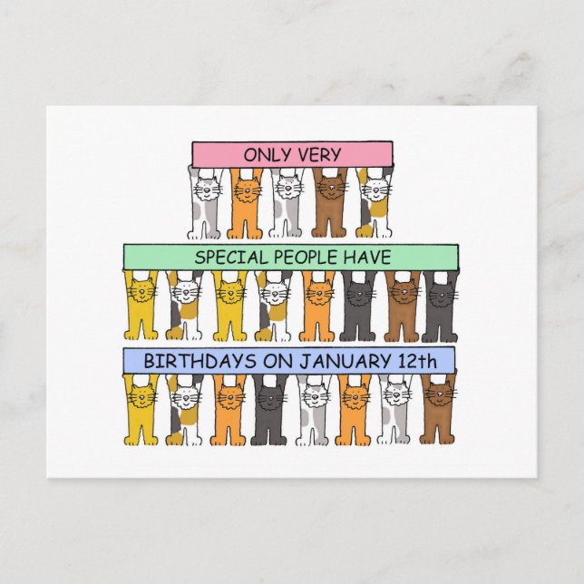 January 12th Birthday Cute Cartoon Cats Postcard (Front)
