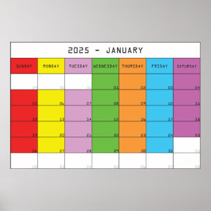 January 2025 colour days calendar planer poster