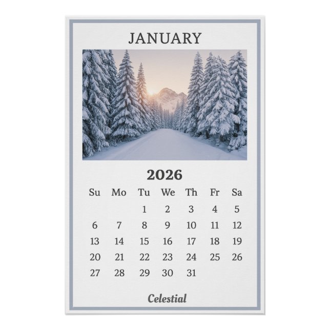 January 2026 Snowy Mountain Calendar Page  Poster (Front)