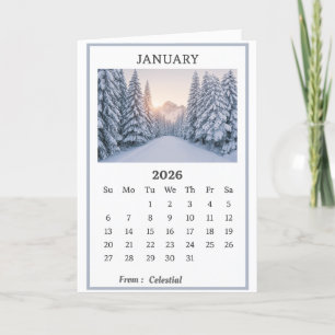 January 2026 Snowy Mountain Calendar Page  Thank You Card