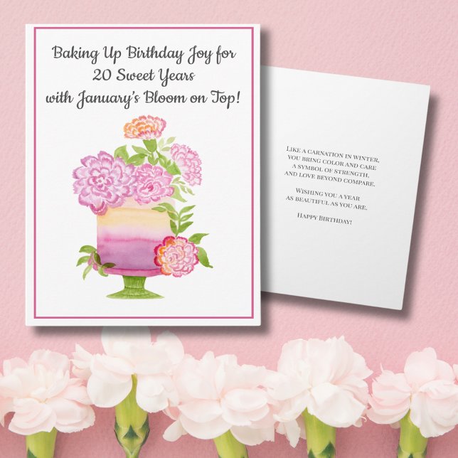 January 20th Birthday Cake Purple Carnations Card (Creator Uploaded)