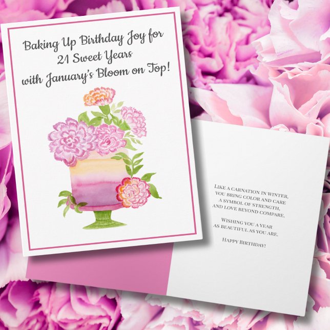 January 21th Birthday Cake Purple Carnations Card (Creator Uploaded)