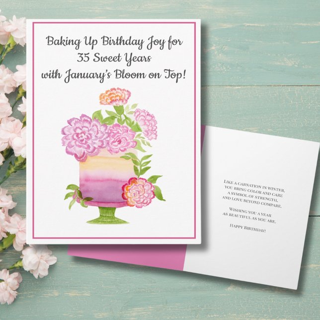 January 35th Birthday Cake Purple Carnations Card (Creator Uploaded)