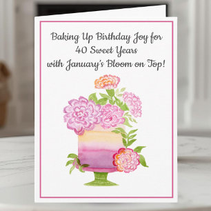 January 40th Birthday Cake Purple Carnations Card