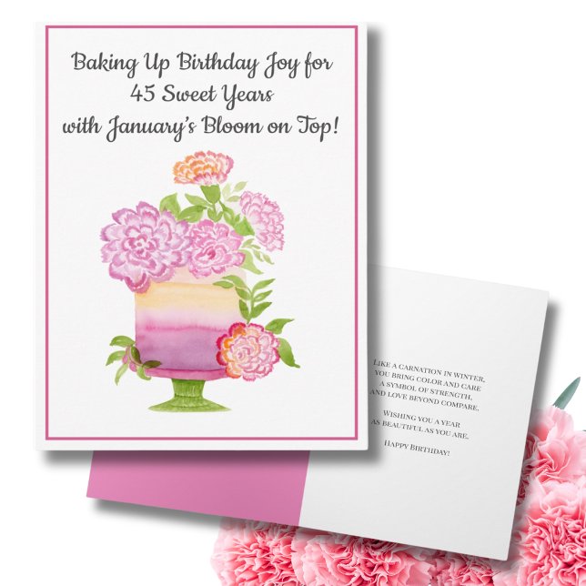 January 45th Birthday Cake Purple Carnations Card (Creator Uploaded)