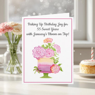 January 55th Birthday Cake Purple Carnations Card